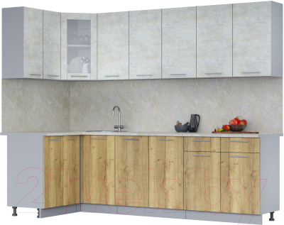 Кухонный гарнитур Интерлиния Мила 12x26 (бетон лайт/дуб золотой/опал светлый) - фото
