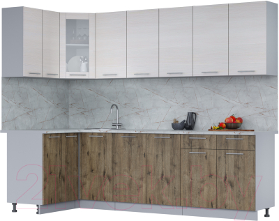 Кухонный гарнитур Интерлиния Мила 12x26 (вудлайн кремовый/дуб веллингтон/серый каспий) - фото