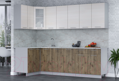 Кухонный гарнитур Интерлиния Мила 12x26 (вудлайн кремовый/дуб веллингтон/серый каспий)