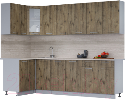 Кухонный гарнитур Интерлиния Мила 12x26 (дуб веллингтон/дуб веллингтон/травертин серый) - фото