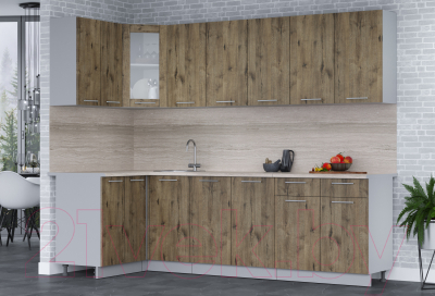 Кухонный гарнитур Интерлиния Мила 12x26 (дуб веллингтон/дуб веллингтон/травертин серый)