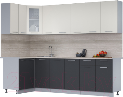 Кухонный гарнитур Интерлиния Мила 12x26 (персидский жемчуг/антрацит/травертин серый) - фото