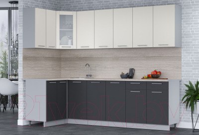 Кухонный гарнитур Интерлиния Мила 12x26 (персидский жемчуг/антрацит/травертин серый)