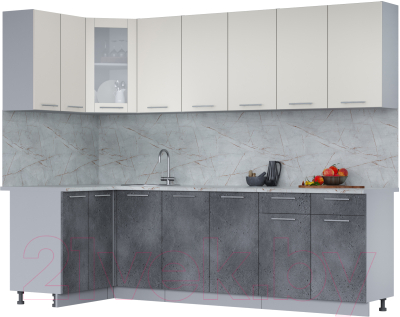 Кухонный гарнитур Интерлиния Мила 12x26 (персидский жемчуг/бетон портленд/серый каспий) - фото