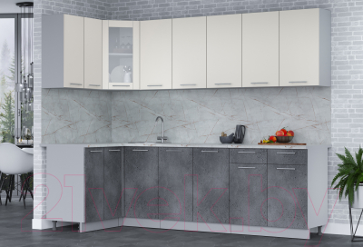 Кухонный гарнитур Интерлиния Мила 12x26 (персидский жемчуг/бетон портленд/серый каспий)