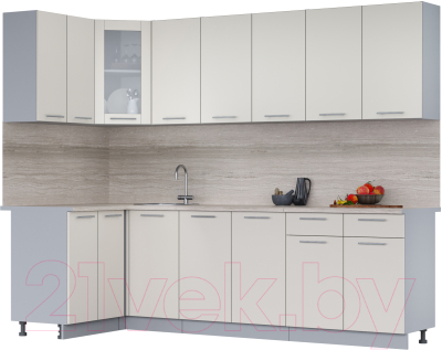 Кухонный гарнитур Интерлиния Мила 12x26 (персидский жемчуг/персидский жемчуг/травертин серый) - фото