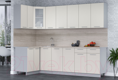 Кухонный гарнитур Интерлиния Мила 12x26 (персидский жемчуг/персидский жемчуг/травертин серый)