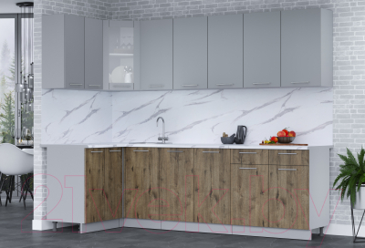 Кухонный гарнитур Интерлиния Мила 12x26 (серебро/дуб веллингтон/белый гранит)