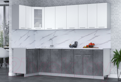 Кухонный гарнитур Интерлиния Мила 12x27 (белый платинум/бетон портленд/белый гранит)