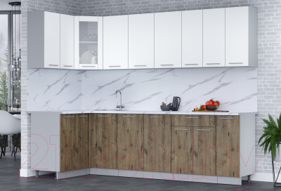 Кухонный гарнитур Интерлиния Мила 12x27 (белый платинум/дуб веллингтон/белый гранит)
