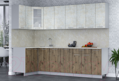 Кухонный гарнитур Интерлиния Мила 12x27 (бетон лайт/дуб веллингтон/опал светлый)
