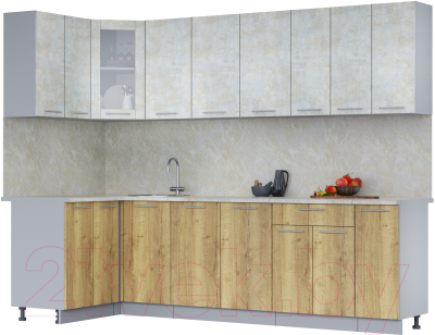 Кухонный гарнитур Интерлиния Мила 12x27 (бетон лайт/дуб золотой/опал светлый) - фото