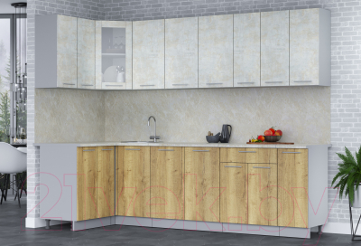 Кухонный гарнитур Интерлиния Мила 12x27 (бетон лайт/дуб золотой/опал светлый)