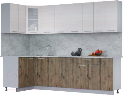 Кухонный гарнитур Интерлиния Мила 12x27 (вудлайн кремовый/дуб веллингтон/серый каспий) - фото