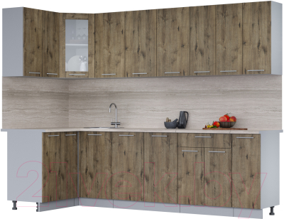 Кухонный гарнитур Интерлиния Мила 12x27 (дуб веллингтон/дуб веллингтон/травертин серый) - фото
