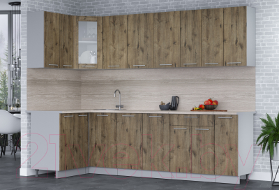 Кухонный гарнитур Интерлиния Мила 12x27 (дуб веллингтон/дуб веллингтон/травертин серый)