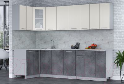 Кухонный гарнитур Интерлиния Мила 12x27 (персидский жемчуг/бетон портленд/серый каспий)