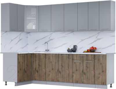 Кухонный гарнитур Интерлиния Мила 12x27 (серебро/дуб веллингтон/белый гранит) - фото