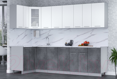 Кухонный гарнитур Интерлиния Мила 12x28 (белый платинум/бетон портленд/белый гранит)