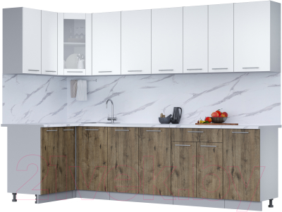 Кухонный гарнитур Интерлиния Мила 12x28 (белый платинум/дуб веллингтон/белый гранит) - фото