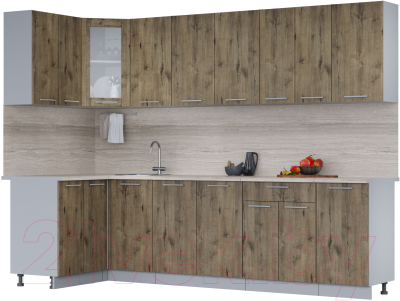 Кухонный гарнитур Интерлиния Мила 12x28 (дуб веллингтон/дуб веллингтон/травертин серый) - фото