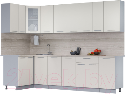 Кухонный гарнитур Интерлиния Мила 12x28 (персидский жемчуг/персидский жемчуг/травертин серый) - фото