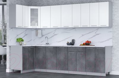Кухонный гарнитур Интерлиния Мила 12x30 (белый платинум/бетон портленд/белый гранит)