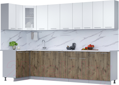 Кухонный гарнитур Интерлиния Мила 12x30 (белый платинум/дуб веллингтон/белый гранит) - фото