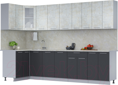 Кухонный гарнитур Интерлиния Мила 12x30 (бетон лайт/антрацит/опал светлый) - фото