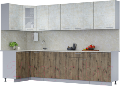 Кухонный гарнитур Интерлиния Мила 12x30 (бетон лайт/дуб веллингтон/опал светлый) - фото