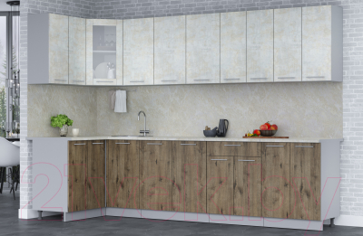 Кухонный гарнитур Интерлиния Мила 12x30 (бетон лайт/дуб веллингтон/опал светлый)