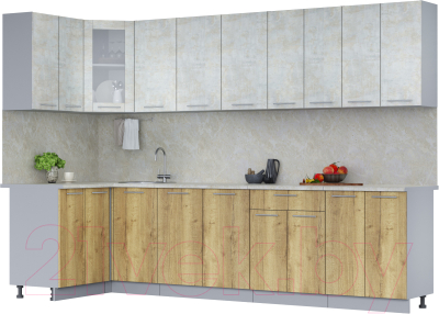 Кухонный гарнитур Интерлиния Мила 12x30 (бетон лайт/дуб золотой/опал светлый) - фото