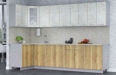 Кухонный гарнитур Интерлиния Мила 12x30 (бетон лайт/дуб золотой/опал светлый)