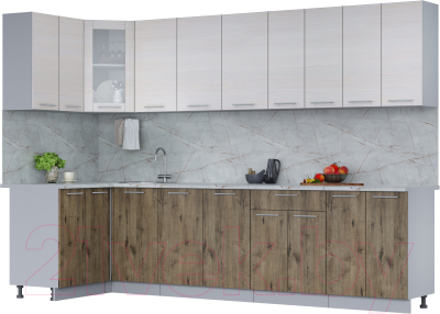 Кухонный гарнитур Интерлиния Мила 12x30 (вудлайн кремовый/дуб веллингтон/серый каспий) - фото