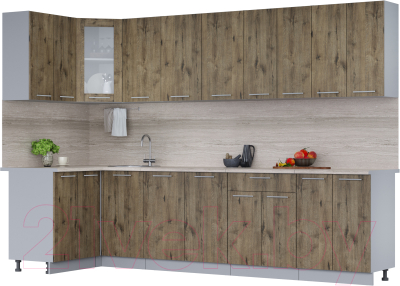 Кухонный гарнитур Интерлиния Мила 12x30 (дуб веллингтон/дуб веллингтон/травертин серый) - фото