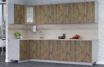 Кухонный гарнитур Интерлиния Мила 12x30 (дуб веллингтон/дуб веллингтон/травертин серый)