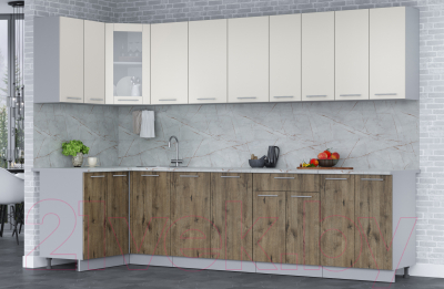 Кухонный гарнитур Интерлиния Мила 12x30 (персидский жемчуг/дуб веллингтон/серый каспий)