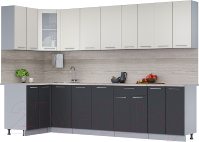Кухонный гарнитур Интерлиния Мила 12x30 (персидский жемчуг/антрацит/травертин серый) - фото