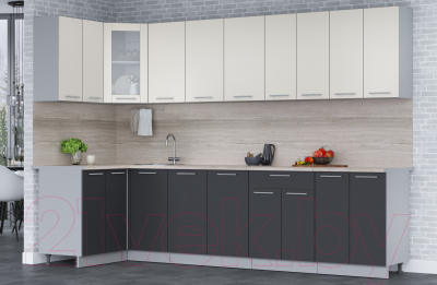 Кухонный гарнитур Интерлиния Мила 12x30 (персидский жемчуг/антрацит/травертин серый)