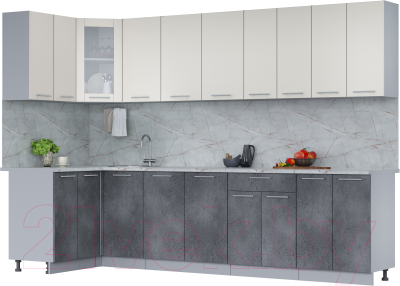 Кухонный гарнитур Интерлиния Мила 12x30 (персидский жемчуг/бетон портленд/серый каспий) - фото