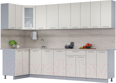 Кухонный гарнитур Интерлиния Мила 12x30 (персидский жемчуг/персидский жемчуг/травертин серый) - фото