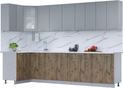 Кухонный гарнитур Интерлиния Мила 12x30 (серебро/дуб веллингтон/белый гранит) - фото