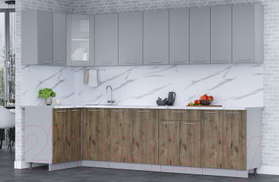 Кухонный гарнитур Интерлиния Мила 12x30 (серебро/дуб веллингтон/белый гранит)