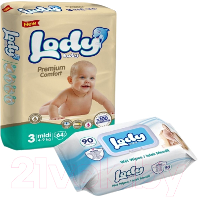 Подгузники детские Lody Baby Midi 4-9кг Jumbo+Влажные салфетки Sensitive - фото