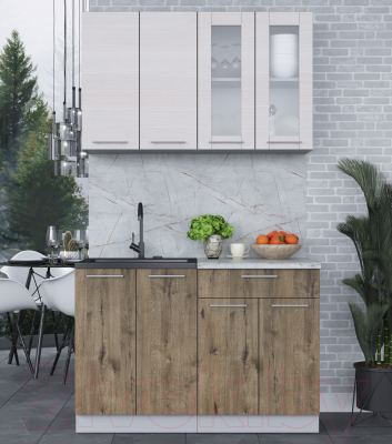 Кухонный гарнитур Интерлиния Мила 12 (вудлайн кремовый/дуб веллингтон/серый каспий)