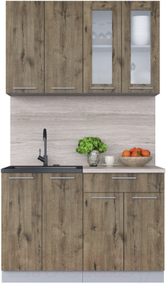 Кухонный гарнитур Интерлиния Мила 12 (дуб веллингтон/дуб веллингтон/травертин серый) - фото