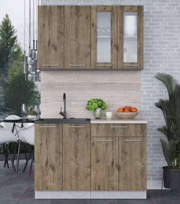 Кухонный гарнитур Интерлиния Мила 12 (дуб веллингтон/дуб веллингтон/травертин серый)