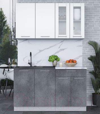 Кухонный гарнитур Интерлиния Мила 14 (белый платинум/бетон портленд/белый гранит)