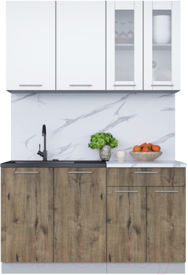 Кухонный гарнитур Интерлиния Мила 14 (белый платинум/дуб веллингтон/белый гранит) - фото