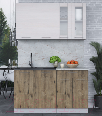 Кухонный гарнитур Интерлиния Мила 14 (вудлайн кремовый/дуб веллингтон/серый каспий)